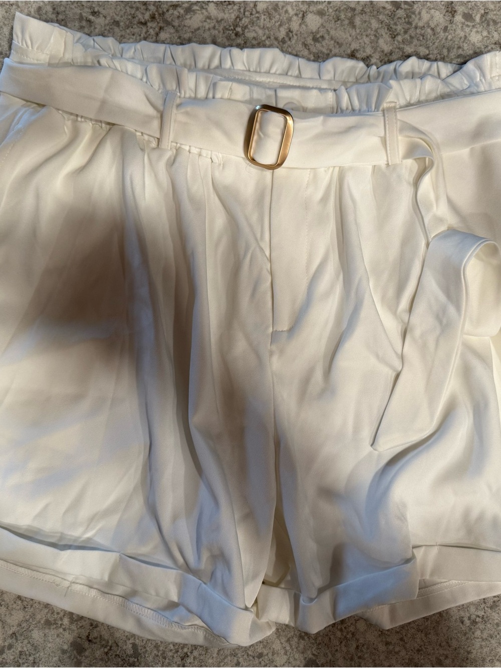SHEIN White Paperbag Waist Belted Shorts with Gold Buckle